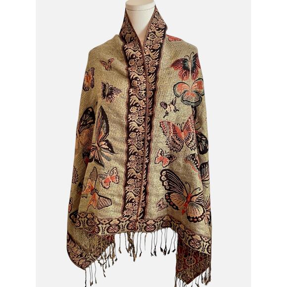 Pashmina Silk Blend Butterfly Scarf Wrap Shawl Womens Reversible Cottagecore - Picture 1 of 7